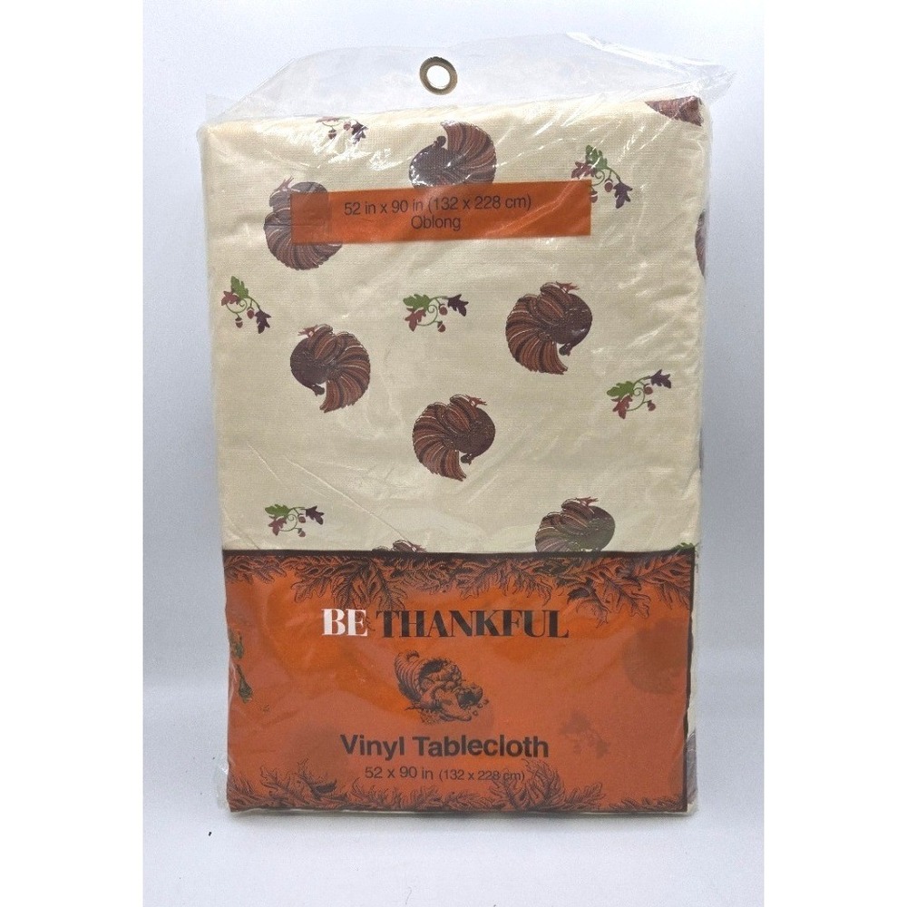 Be Thankful Thanksgiving Vinyl Tablecloth - Turkeys & Cornucopia, 52" x 90"